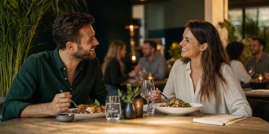 A couple enjoying a meal in a softly bustling restaurant